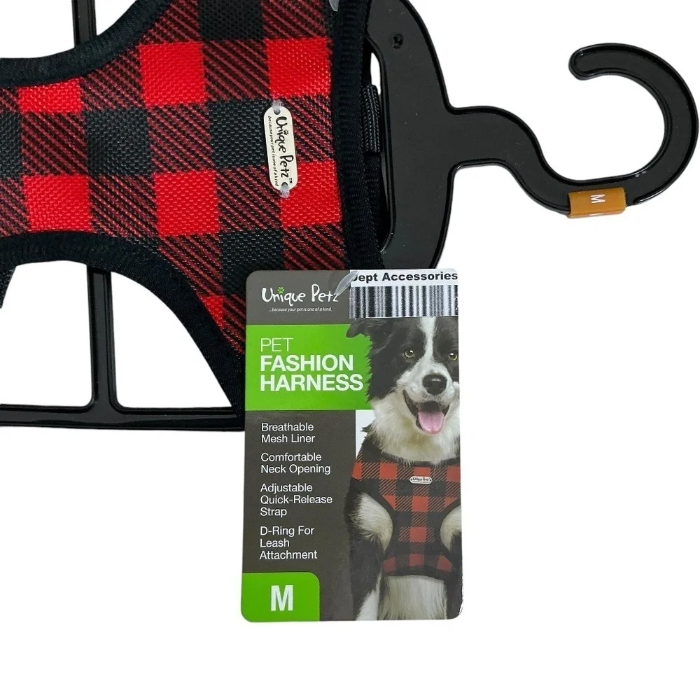 Unique Petz Dog Harness Medium Red Black Tartan Plaid Comfy Adjustable Size M